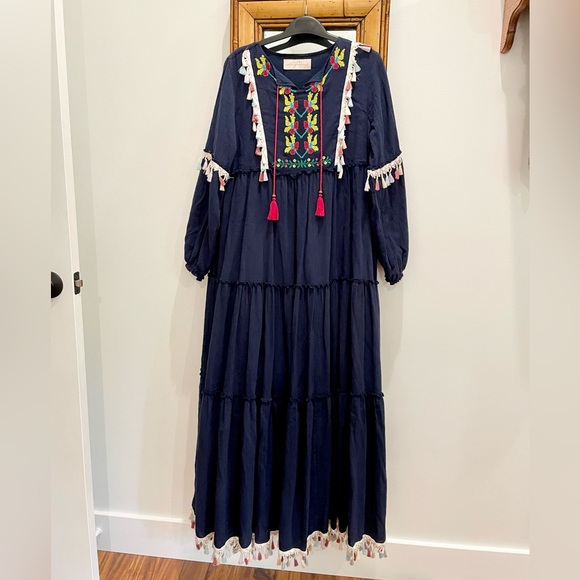 Secret Language navy embroidered tassel dress maxi medium - Picture 2 of 5